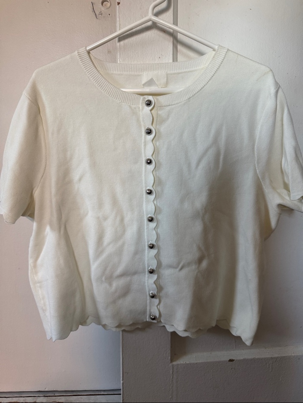 H&M Ivory Short-Sleeve Scallop-Trim Cardigan with Silver Buttons